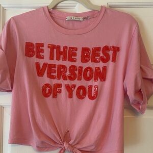 Alice + Olivia Pink Tee with Red Sequin Slogan and Front Tie, size X-Small